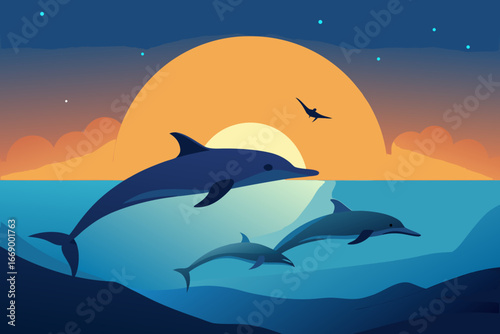A beautiful cartoon illustration of dolphins in the ocean vector illustration
