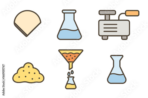 Fun Filtration Icons. Flat vector mini-illustrations funnel filtration in colors children's illustrations: filter paper, filter