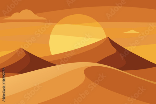 A cartoon dune desert at sunrise vector illustration