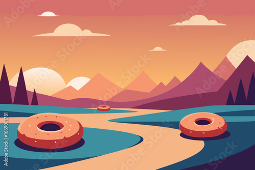 A whimsical cartoon landscape of donut land vector illustration