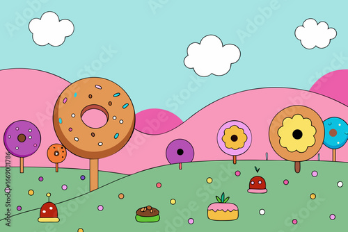 A delicious cartoon world made of donuts vector illustration