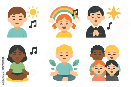 Harmonious Children's Icons. Flat vector mini-illustrations hymn mood in colors children's illustrations: peaceful, joyful, solemn