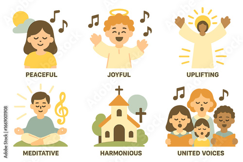 Harmonious Children's Icons. Flat vector mini-illustrations hymn mood in colors children's illustrations: peaceful, joyful, solemn