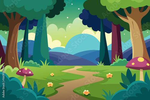 A cartoon illustration of an enchanted forest clearing vector illustration