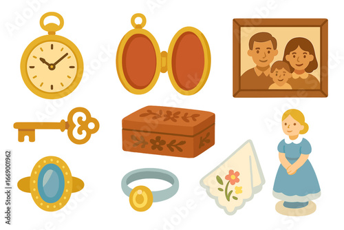 Heirloom Treasures Icons. Flat vector mini-illustrations heirloom treasures in colors children's illustrations: antique pocket