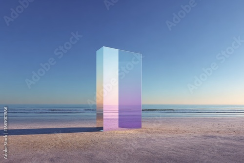 Glass prism on a beach at dawn.  Soft pastel colors