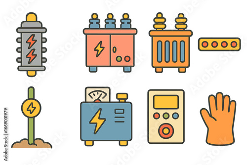 High Voltage Equipment Icons. Flat vector mini-illustrations high voltage equipment in colors children's illustrations: surge