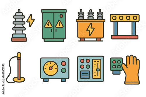 High Voltage Equipment Icons. Flat vector mini-illustrations high voltage equipment in colors children's illustrations: surge