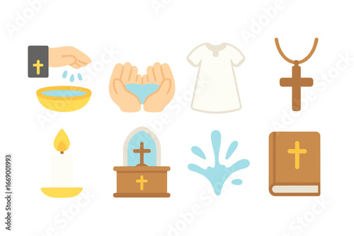 Holy Water Ceremony Icons. Flat vector mini-illustrations holy water ceremony in colors children's illustrations: priest’s hand