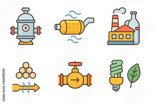 Industrial Catalyst Icons. Flat vector mini-illustrations catalyst in industry in colors children's illustrations: industrial
