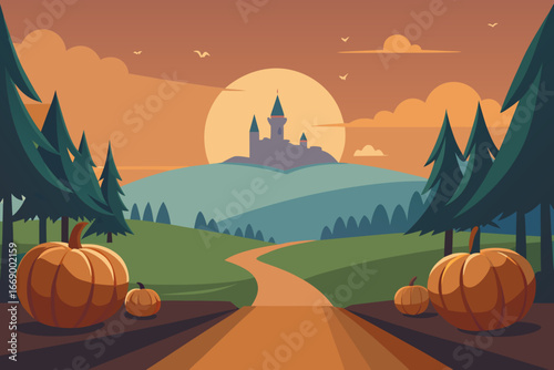 A simple cartoon illustration of an enchanted pumpkin field vector illustration
