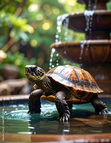Turtle in a garden fountain