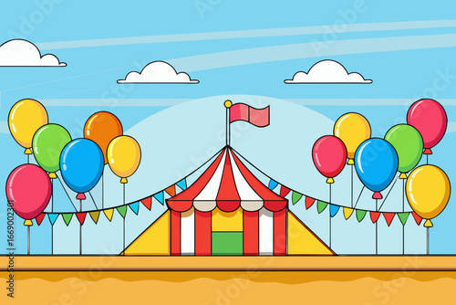 A festive cartoon background of a fairground with colorful balloons vector illustration