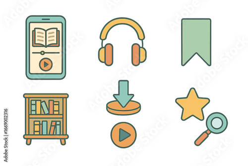 Kids Audiobook App Icons. Flat vector mini-illustrations audiobook apps in colors children's illustrations: smartphone screen with