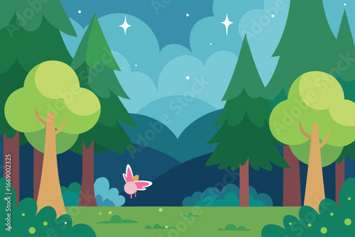 A cartoon fairy forest glade background with sparkles vector illustration