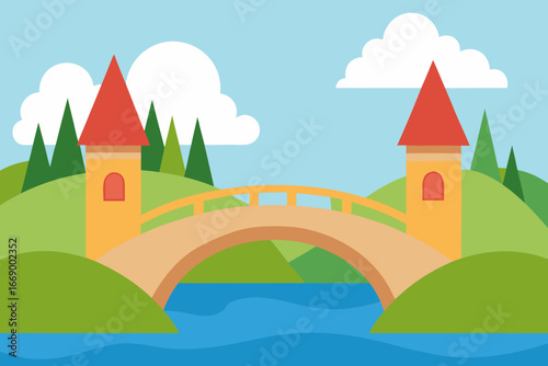 A cartoon fairytale bridge over a river background vector illustration