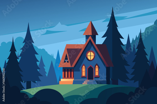 A simple cartoon illustration of a fairytale cottage in the woods vector illustration