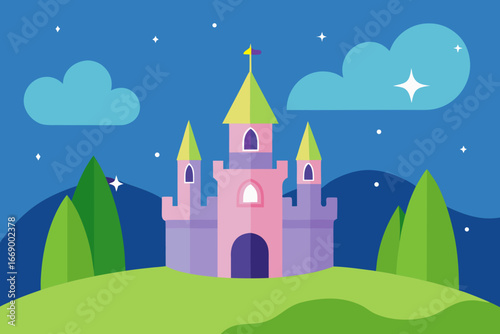 A cartoon fairyland background with sparkles and a castle vector illustration