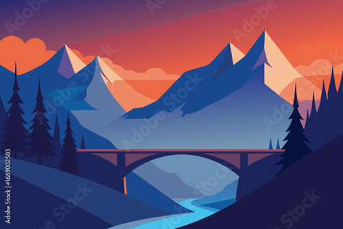 A simple cartoon illustration of a fantasy mountain bridge vector illustration