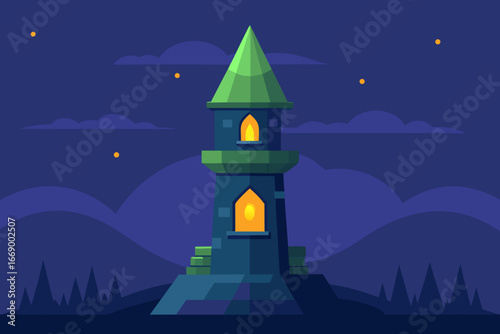 A cartoon fantasy tower background with glowing windows vector illustration
