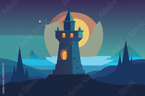 A simple cartoon illustration of a fantasy tower with glowing windows vector illustration
