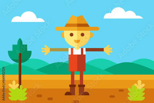 A cartoon farm field background with crops and a scarecrow vector illustration