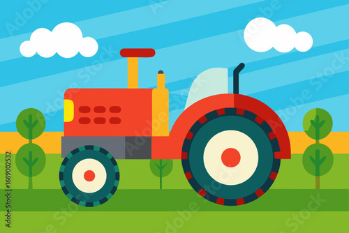 A scenic cartoon farm field with a tractor background vector illustration