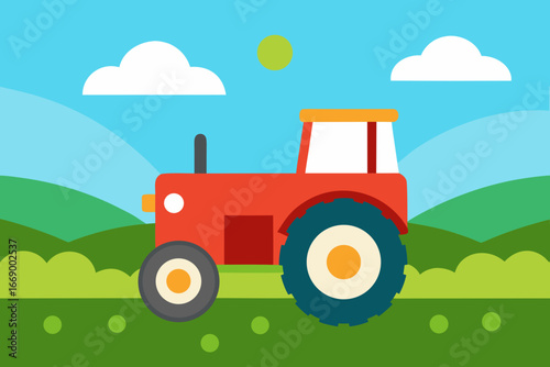 A cartoon farm background with a tractor in a field vector illustration