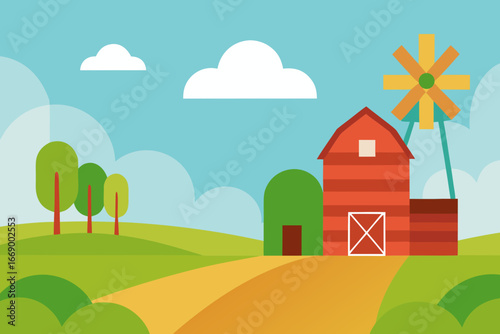 A cartoon farmland background with a windmill vector illustration