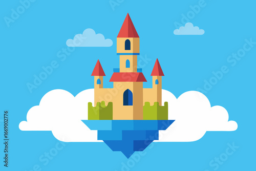 A cartoon background of a floating castle in the clouds vector illustration