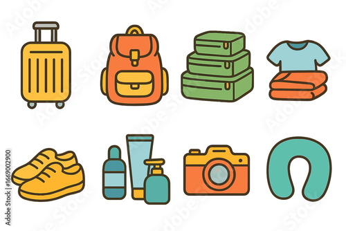 Kids' Travel Essentials. Flat vector mini-illustrations travel packing in colors children's illustrations: suitcase, backpack,