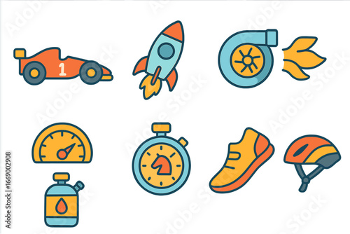 Kids' Speed Icons. Flat vector mini-illustrations performance booster in colors children's illustrations: race car turbo, rocket