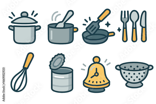 Kitchen Sound Icons. Flat vector mini-illustrations kitchen metallic sounds in colors children's illustrations: saucepan lid