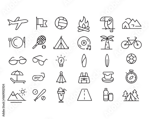 Set of outline icons related to social media, social networks. Linear icon collection