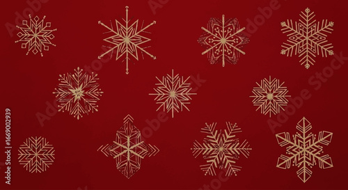 Elegant gold snowflakes embroidered on a rich red fabric background.