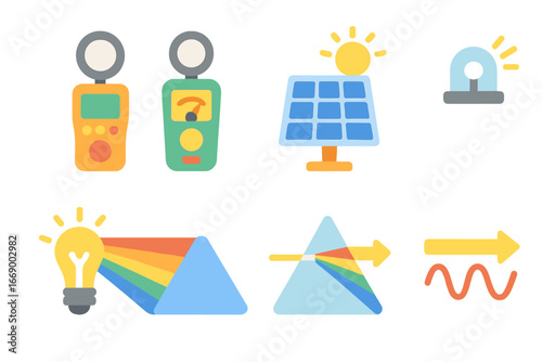 Light Measurement Icons. Flat vector mini-illustrations light measurement in colors children's illustrations: light meter, lux