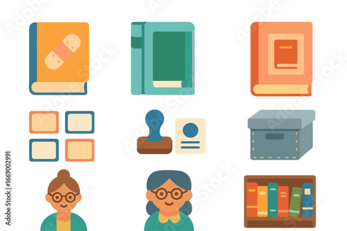 Library Icon Set. Flat vector mini-illustrations library binding in colors children's illustrations: repaired book, protective