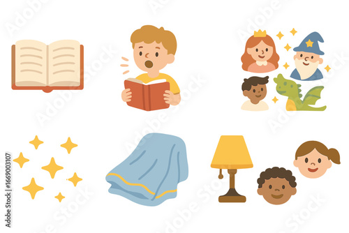Magical Storytime Icons. Flat vector mini-illustrations storytelling in colors children's illustrations: open book, child reading