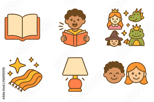 Magical Storytime Icons. Flat vector mini-illustrations storytelling in colors children's illustrations: open book, child reading