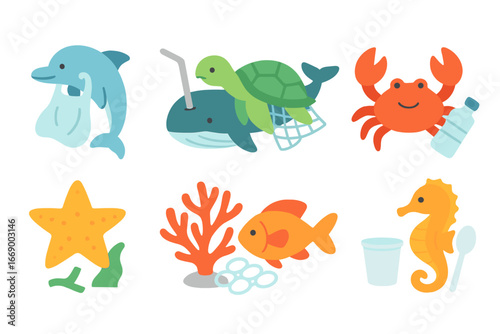 Marine Life Rescue. Flat vector mini-illustrations marine life saved from plastic in colors children's illustrations: dolphin, sea