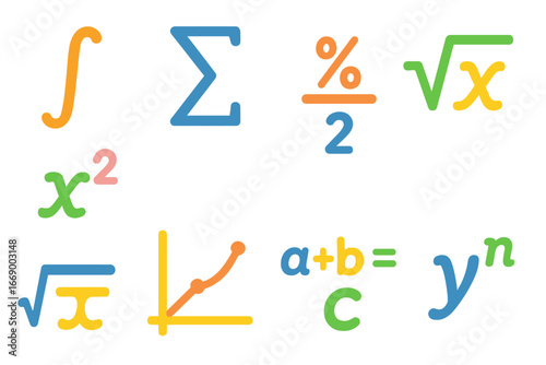 Math and Grooming Icons. Flat vector mini-illustrations complex mathematical symbols in colors children's illustrations: integrals
