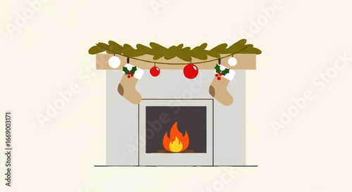 A festive animated fireplace decorated for Christmas, with stockings and ornaments.