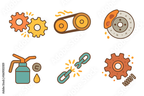 Mechanical Energy Loss Icons. Flat vector mini-illustrations mechanical energy loss in colors children's illustrations: friction