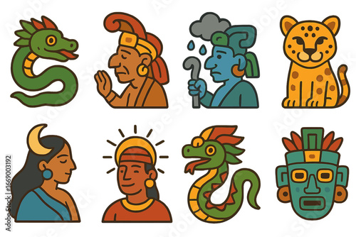 Maya Mythology Icons. Flat vector mini-illustrations Maya gods and mythology in colors children's illustrations: Kukulkan serpent,