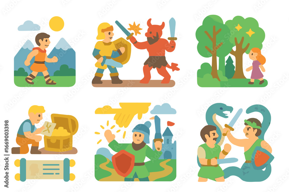 Fototapeta premium Mythic Adventure Icons. Flat vector mini-illustrations mythic stories in colors children's illustrations: hero’s journey, battle