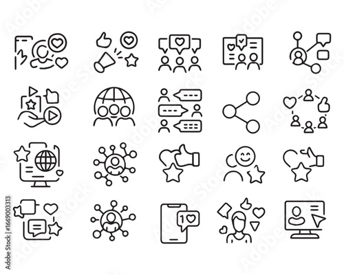 Set of outline icons related to social media, social networks. Linear icon collection