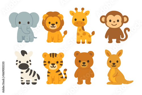Miniature Animal Icons. Flat vector mini-illustrations miniature animals in colors children's illustrations: tiny elephant, small
