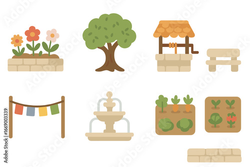 Monastery Garden Icons. Flat vector mini-illustrations monastery grounds in colors children's illustrations: garden with flowers,