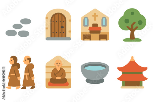 Monastic Life Icons. Flat vector mini-illustrations Monastic life in colors children's illustrations: stone path, wooden door,