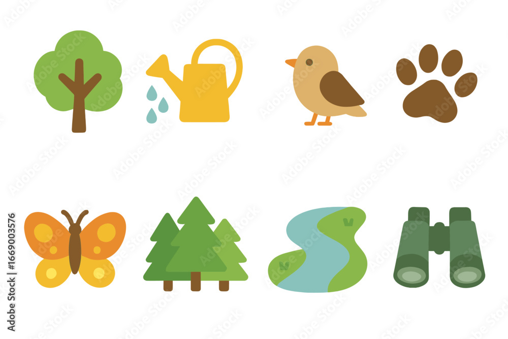 Fototapeta premium Nature Icons for Kids. Flat vector mini-illustrations conservation in colors children's illustrations: tree, watering can, bird,
